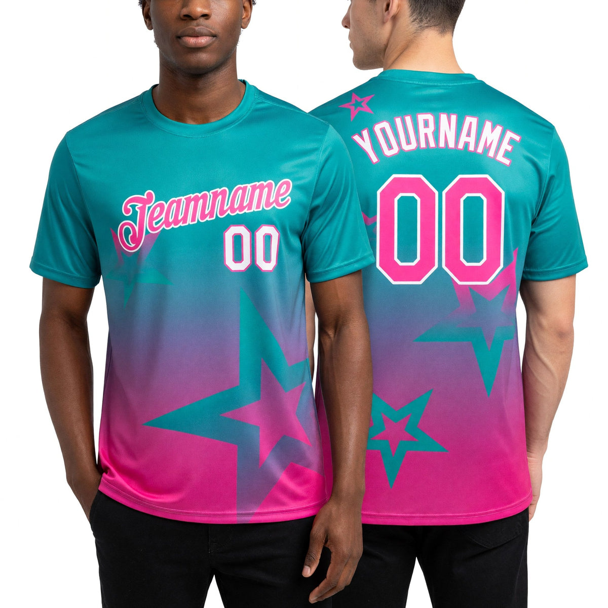 Custom Aqua Pink-White 3D Pattern Design Gradient Style Twinkle Star Performance T-Shirt worn front and back