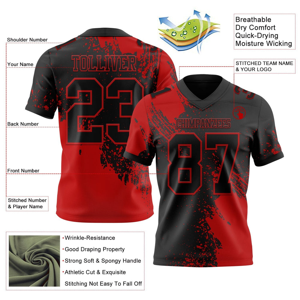 Custom Black Red 3D Pattern Abstract Brush Stroke Authentic Football Jersey photo 2