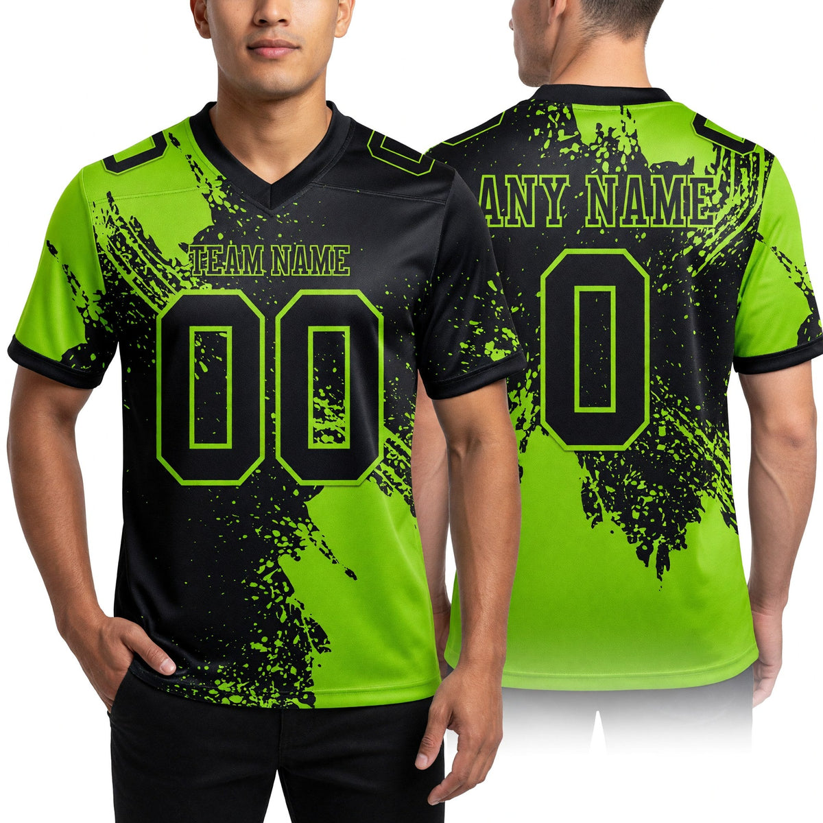 Custom Black Neon Green 3D Pattern Abstract Brush Stroke Authentic Football Jersey worn front and back
