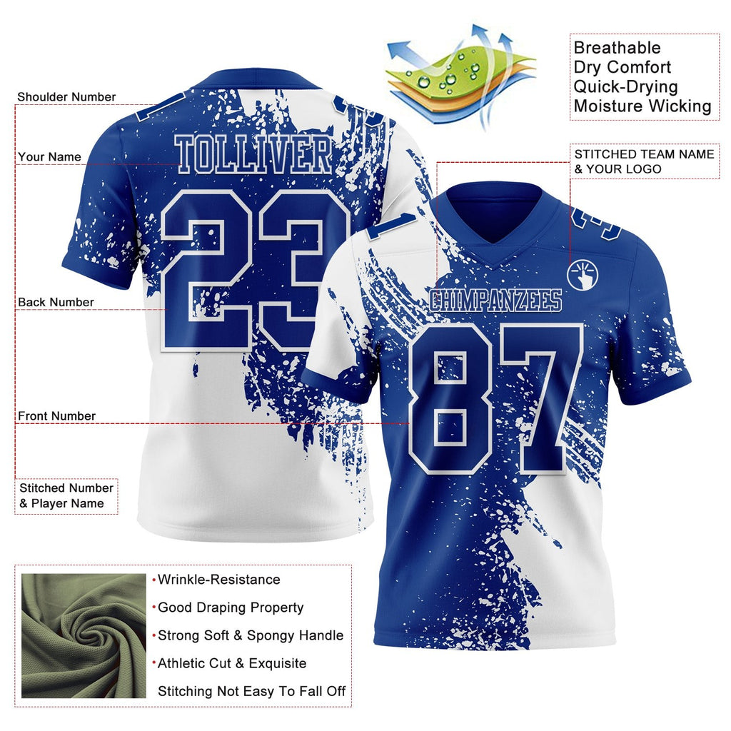 Custom Royal White 3D Pattern Abstract Brush Stroke Authentic Football Jersey photo 2
