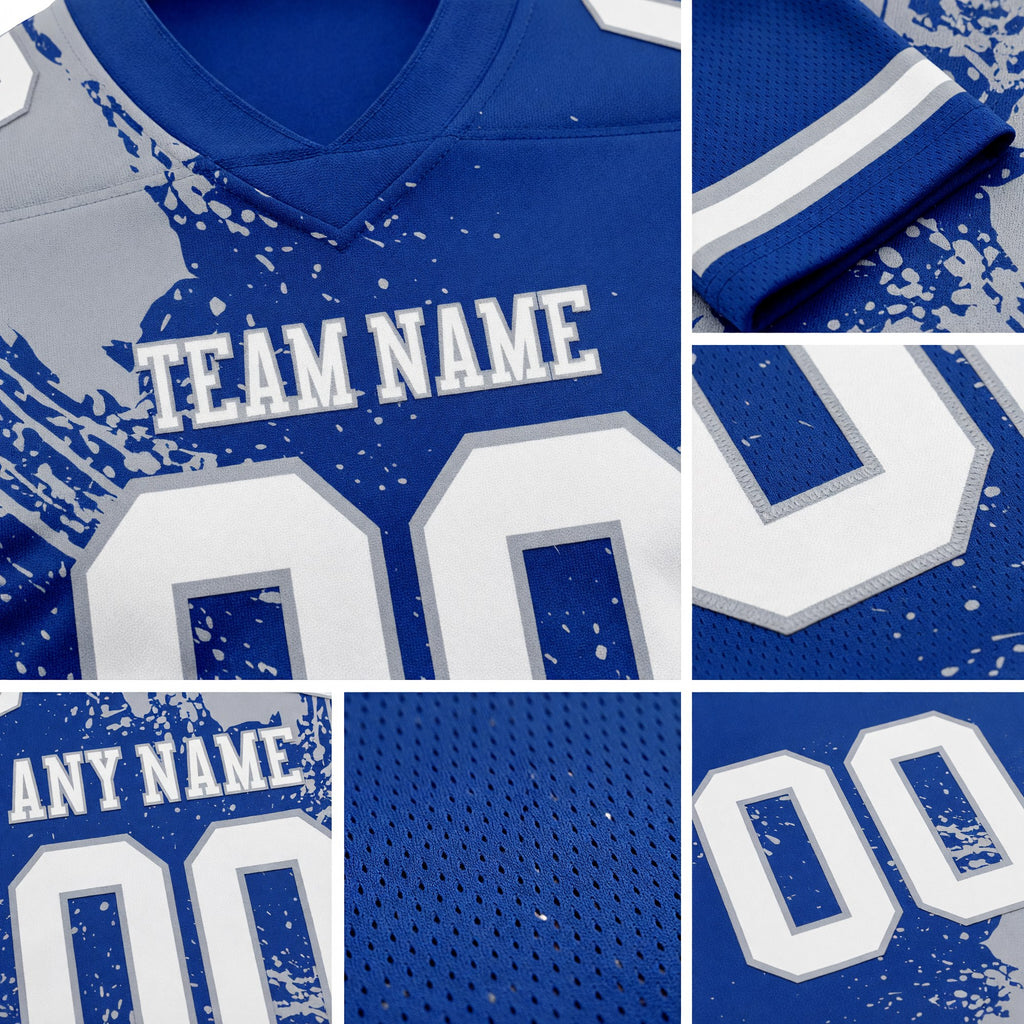 Custom Royal White-Gray 3D Pattern Abstract Brush Stroke Authentic Football Jersey detail