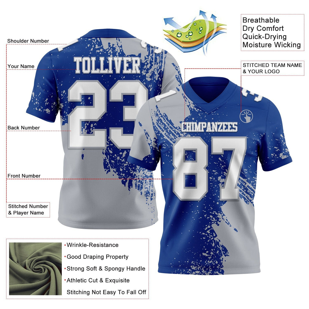 Custom Royal White-Gray 3D Pattern Abstract Brush Stroke Authentic Football Jersey photo 2