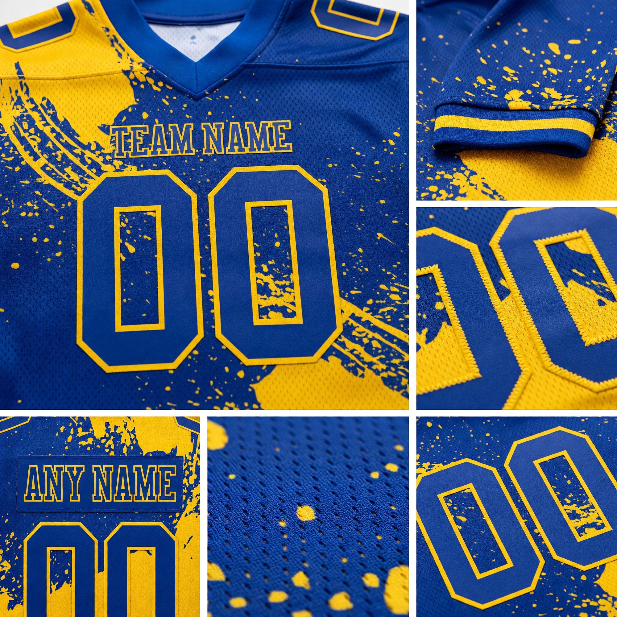 Custom Royal Yellow 3D Pattern Abstract Brush Stroke Authentic Football Jersey detail