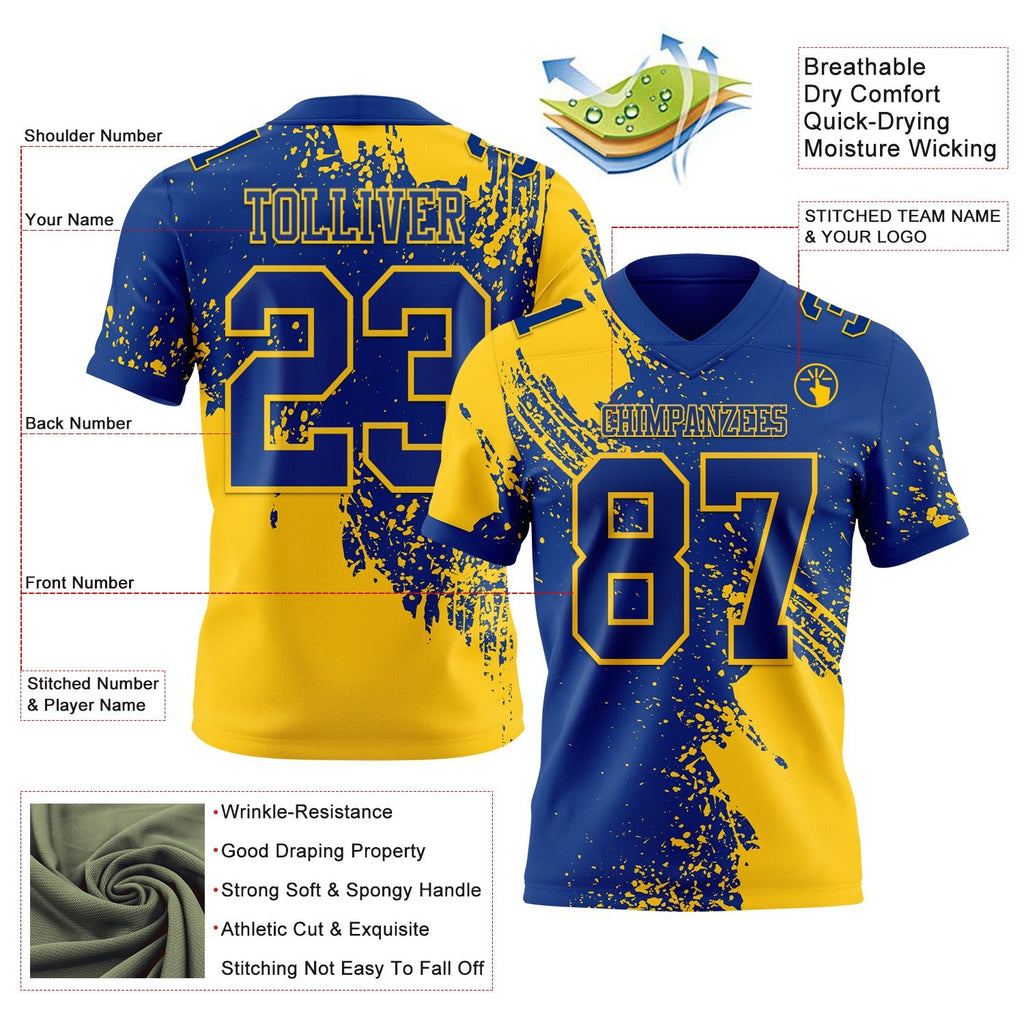 Custom Royal Yellow 3D Pattern Abstract Brush Stroke Authentic Football Jersey photo 2