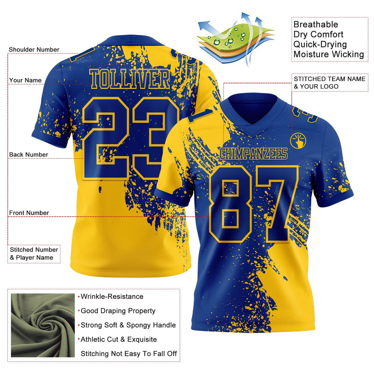 Custom Royal Yellow 3D Pattern Abstract Brush Stroke Authentic Football Jersey photo 2