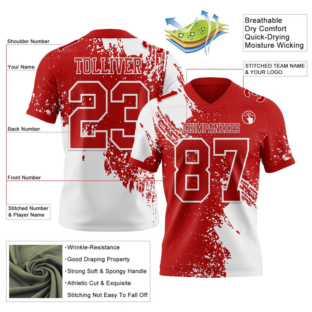 Custom Red White 3D Pattern Abstract Brush Stroke Authentic Football Jersey photo 2