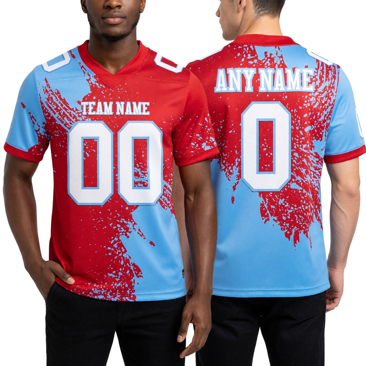 Custom Red White-Light Blue 3D Pattern Abstract Brush Stroke Authentic Football Jersey worn front and back