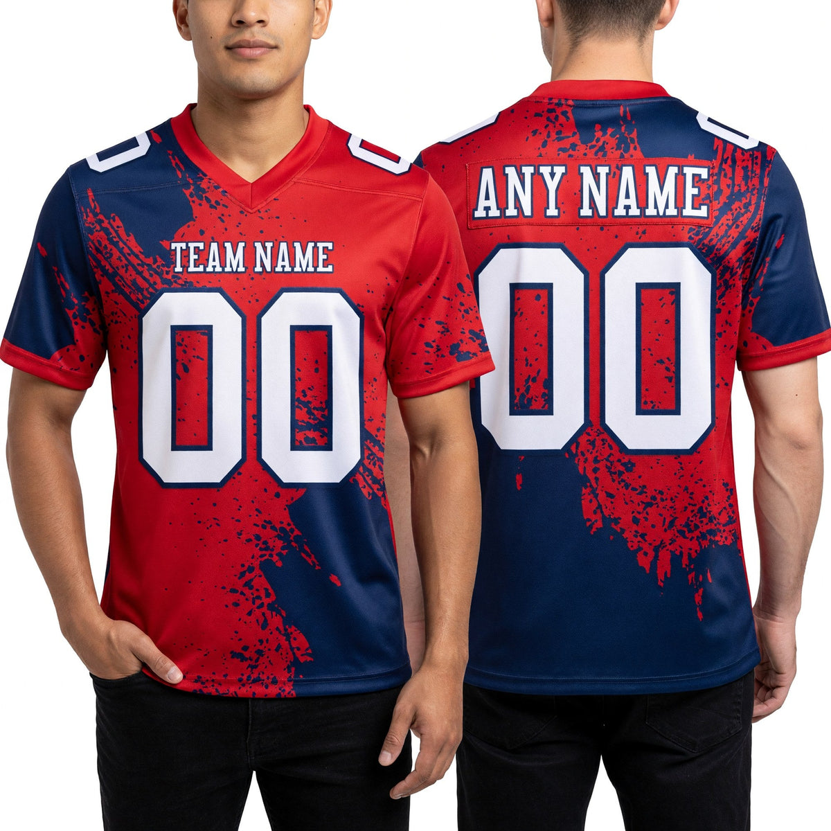 Custom Red White-Navy 3D Pattern Abstract Brush Stroke Authentic Football Jersey worn front and back