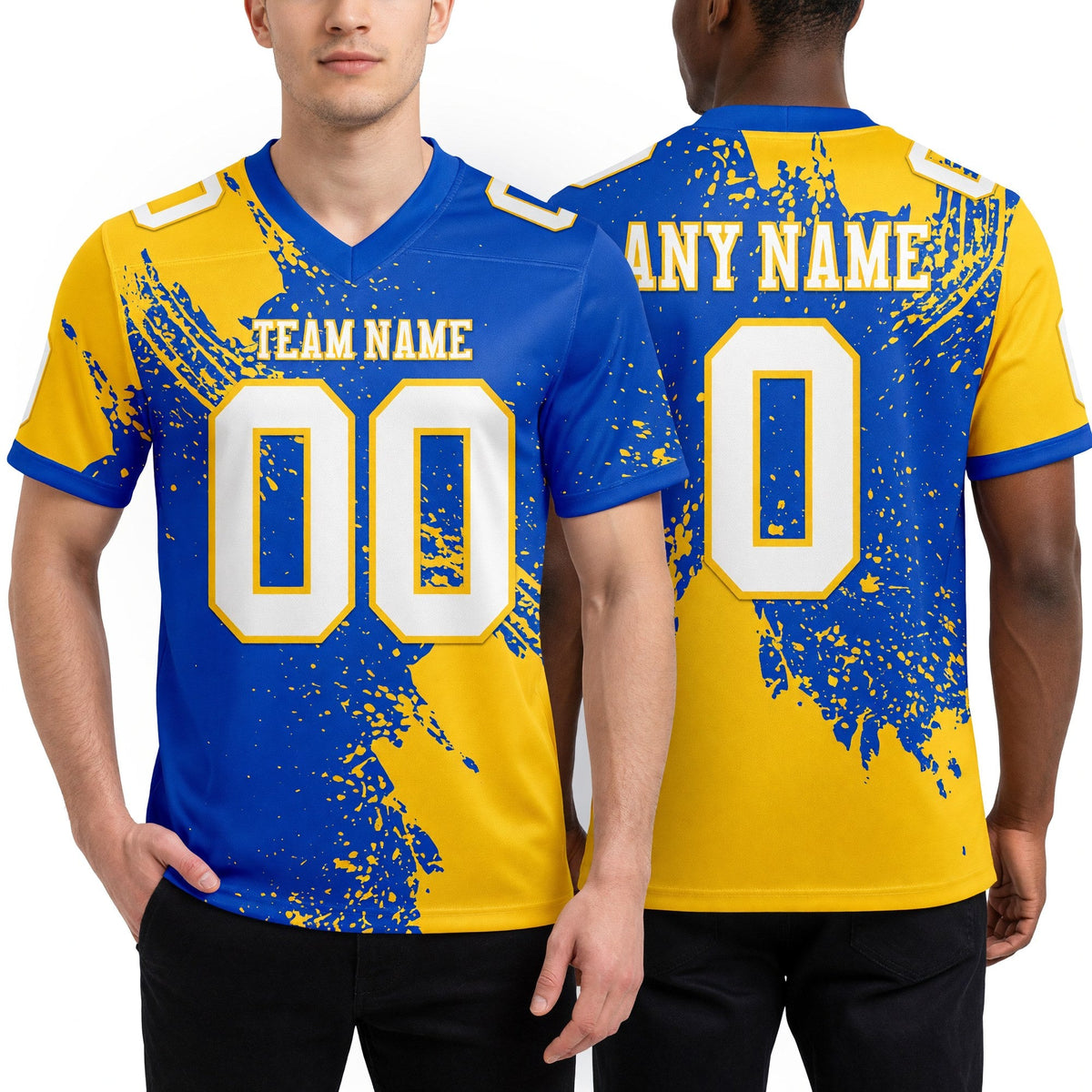 Custom Thunder Blue White-Yellow 3D Pattern Abstract Brush Stroke Authentic Football Jersey worn front and back
