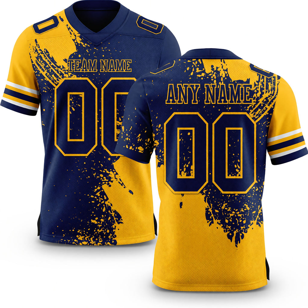 Custom Navy Gold 3D Pattern Abstract Brush Stroke Authentic Football Jersey