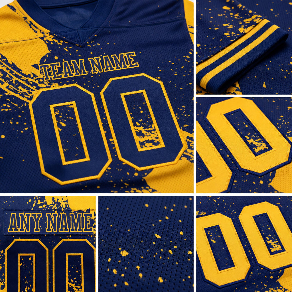 Custom Navy Gold 3D Pattern Abstract Brush Stroke Authentic Football Jersey detail