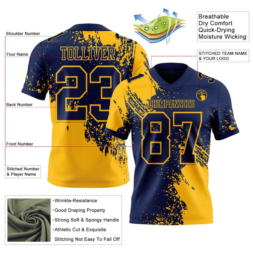 Custom Navy Gold 3D Pattern Abstract Brush Stroke Authentic Football Jersey photo 2