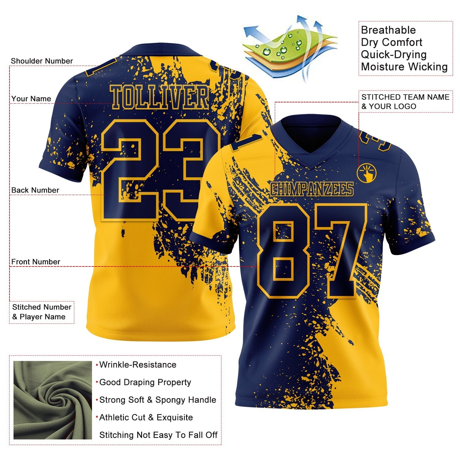 Custom Navy Gold 3D Pattern Abstract Brush Stroke Authentic Football Jersey photo 2