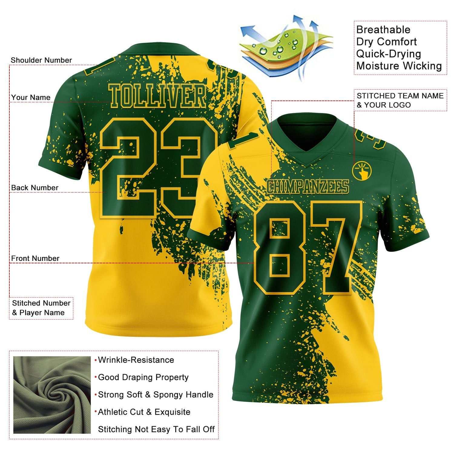 Custom Green Yellow 3D Pattern Abstract Brush Stroke Authentic Football Jersey photo 2