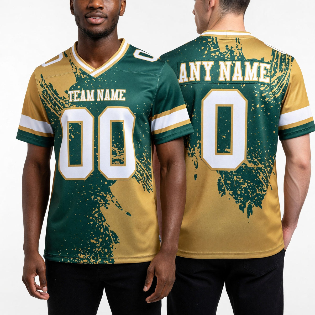 Custom Green White-Old Gold 3D Pattern Abstract Brush Stroke Authentic Football Jersey worn front and back