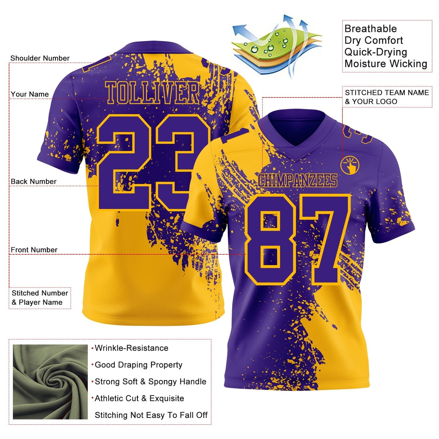 Custom Purple Gold 3D Pattern Abstract Brush Stroke Authentic Football Jersey photo 2