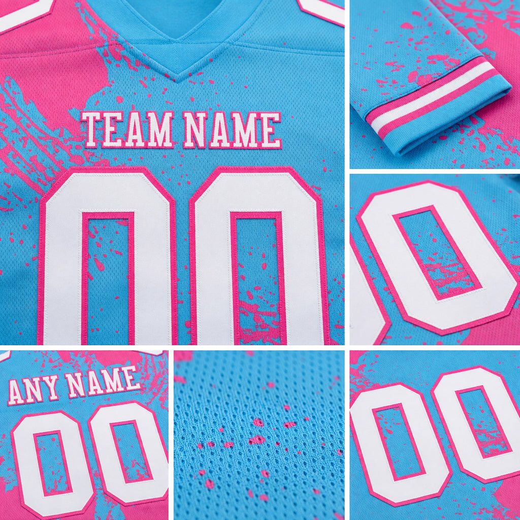 Custom Sky Blue White-Pink 3D Pattern Abstract Brush Stroke Authentic Football Jersey detail