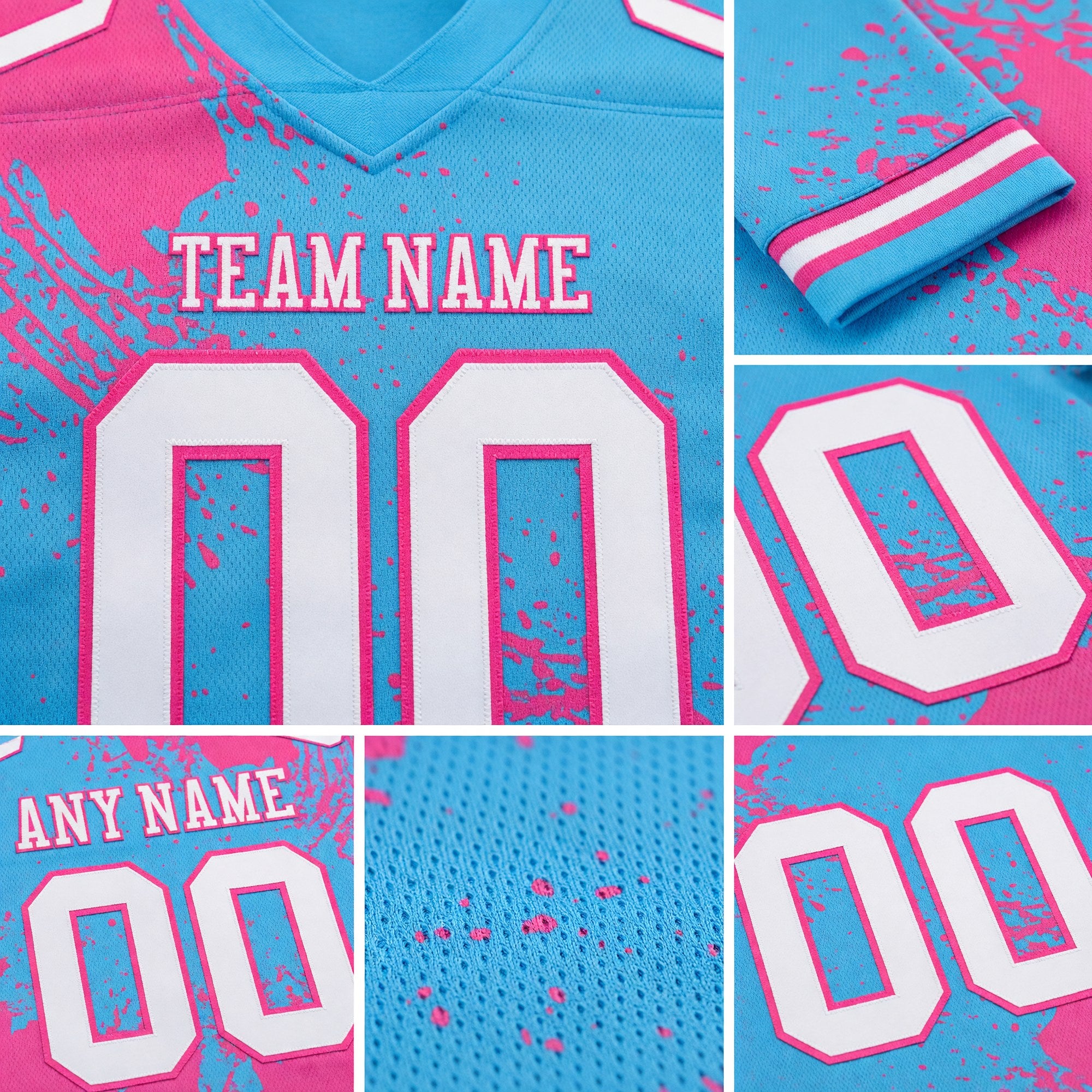 Custom Sky Blue White-Pink 3D Pattern Abstract Brush Stroke Authentic Football Jersey detail