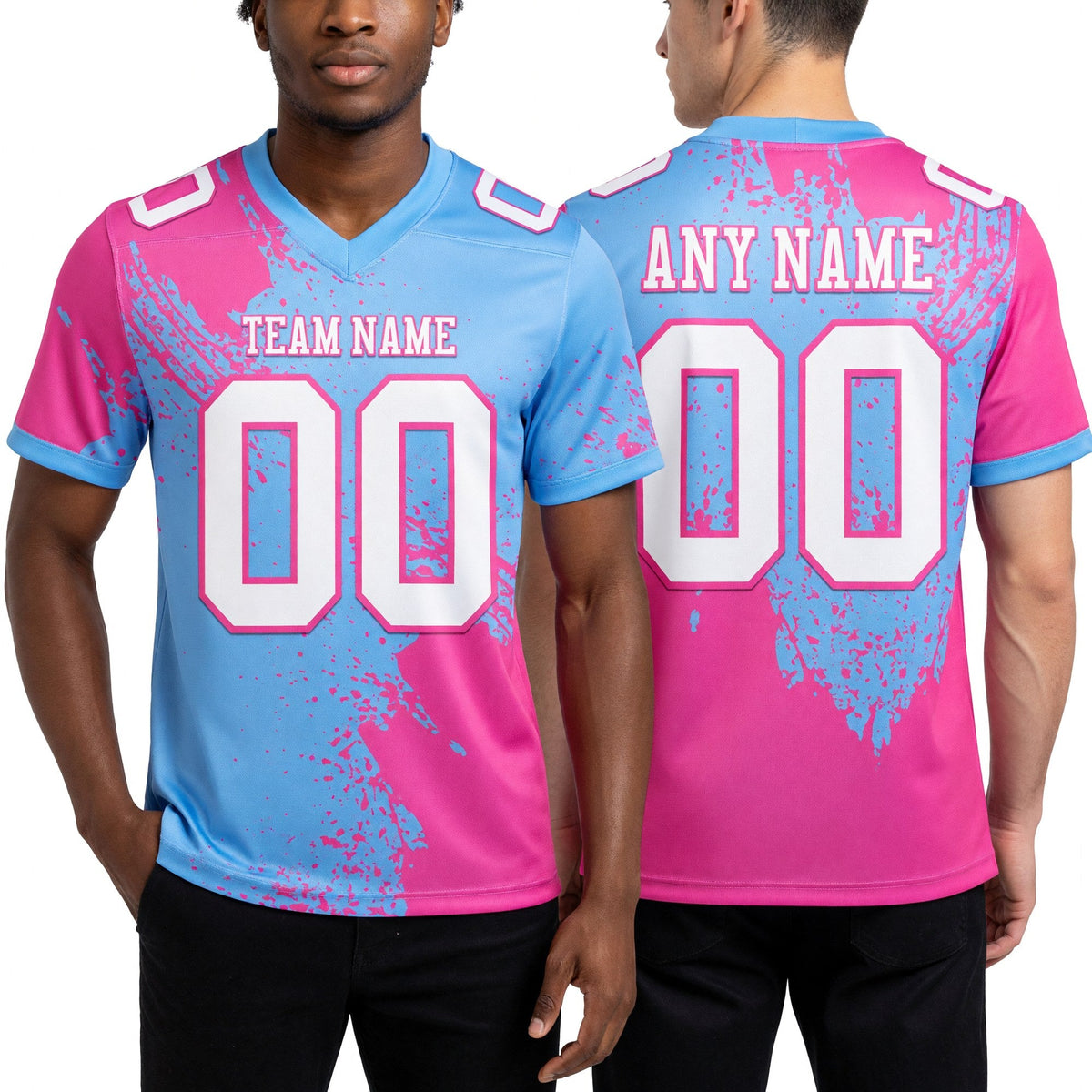 Custom Light Blue White-Pink 3D Pattern Abstract Brush Stroke Authentic Football Jersey worn front and back