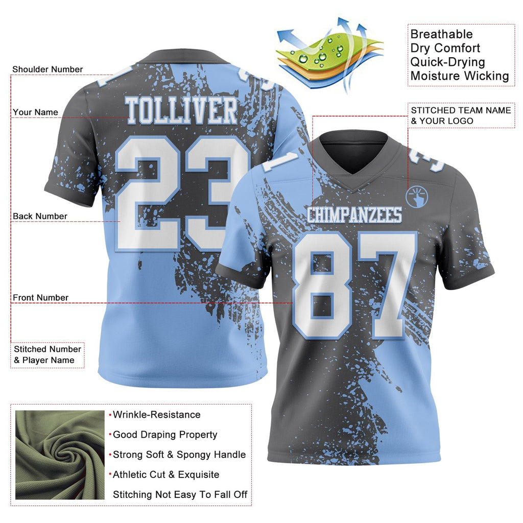 Custom Steel Gray White-Light Blue 3D Pattern Abstract Brush Stroke Authentic Football Jersey photo 2