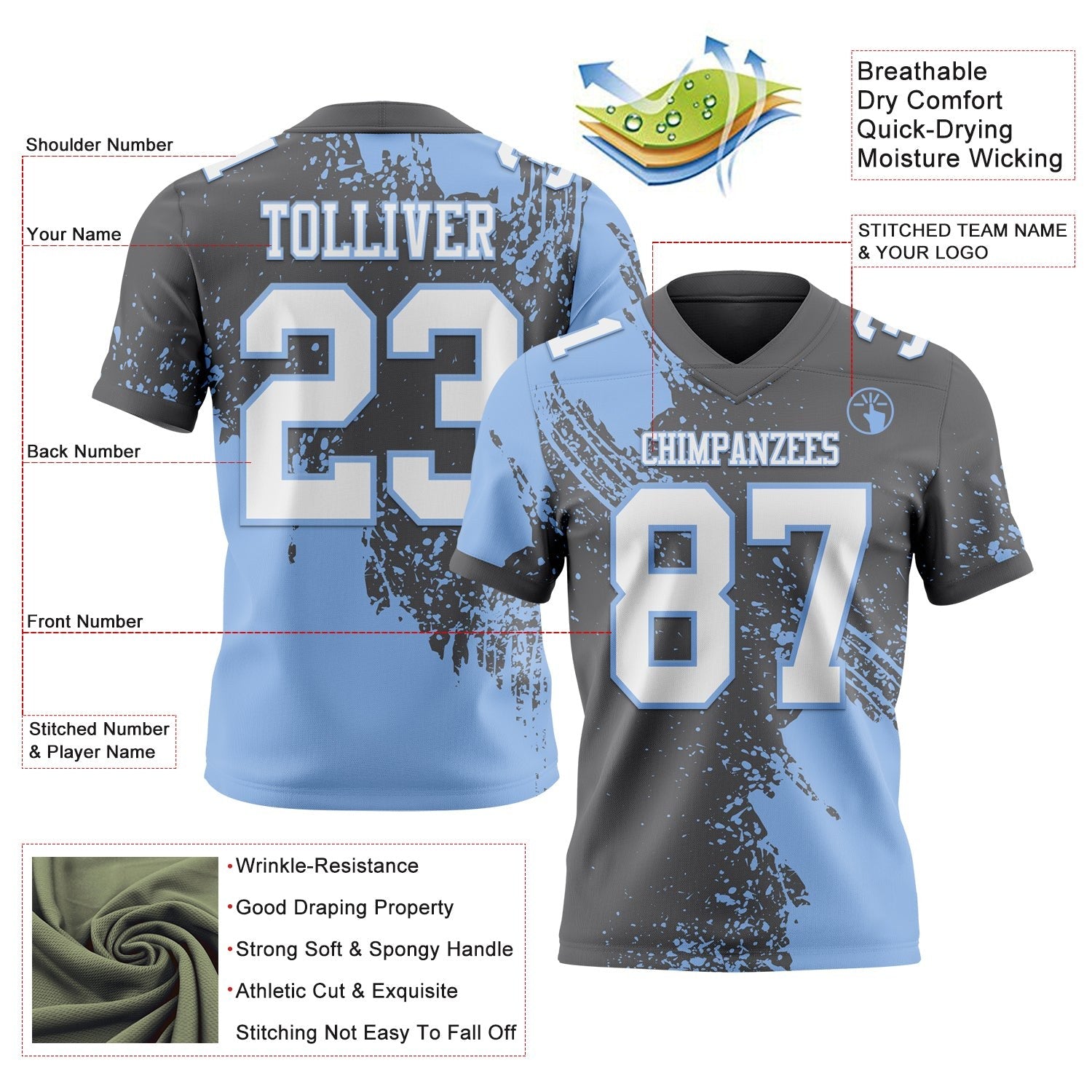 Custom Steel Gray White-Light Blue 3D Pattern Abstract Brush Stroke Authentic Football Jersey photo 2