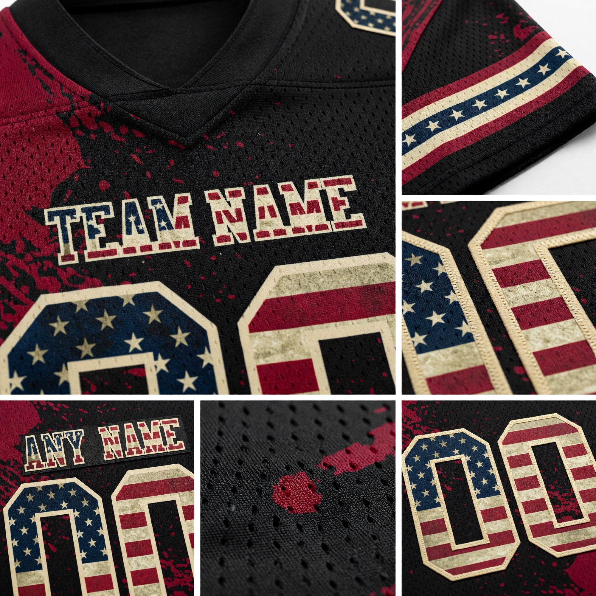 Custom Black Vintage USA Flag Crimson-Cream 3D Pattern Abstract Brush Stroke Authentic Football Jersey detail