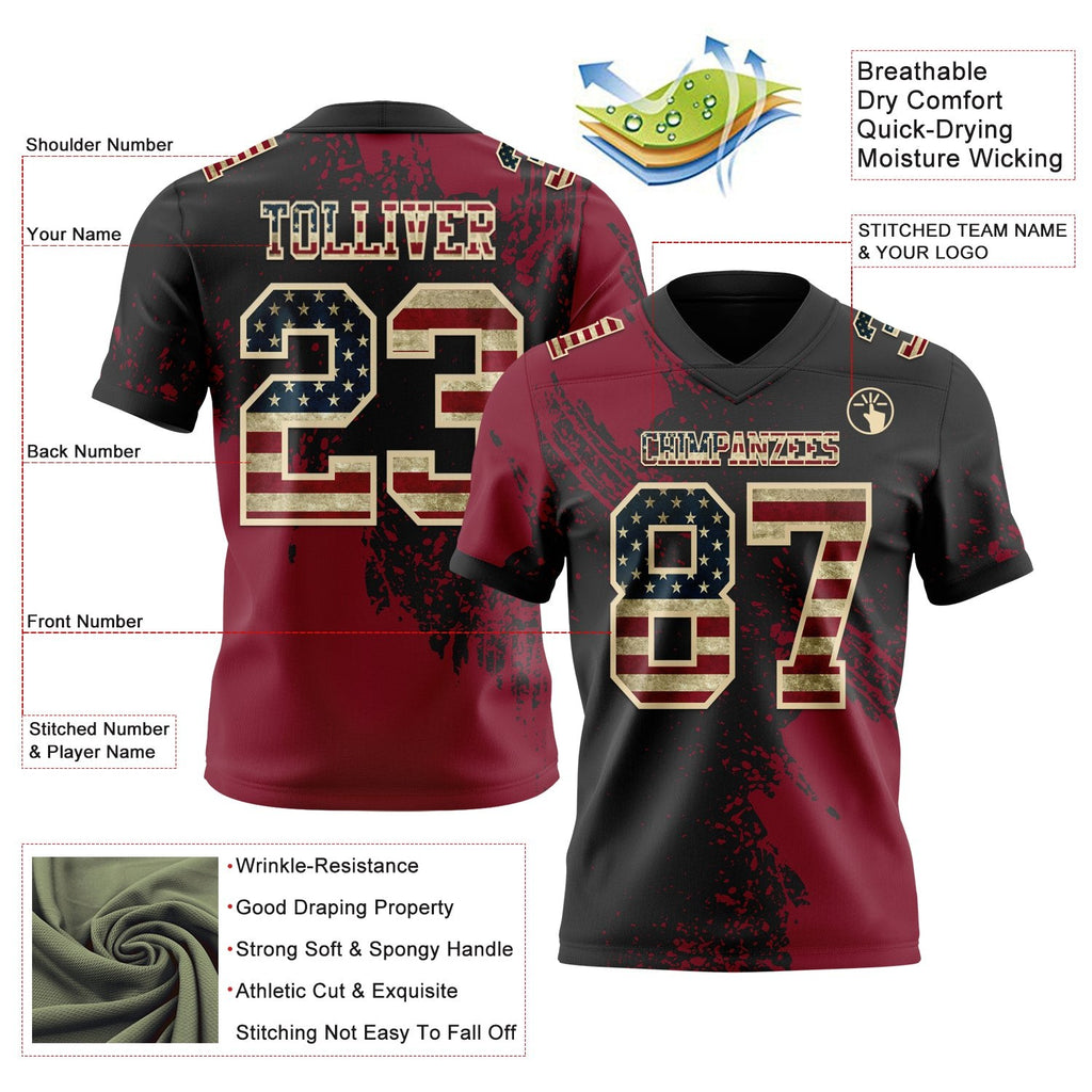 Custom Black Vintage USA Flag Crimson-Cream 3D Pattern Abstract Brush Stroke Authentic Football Jersey photo 2