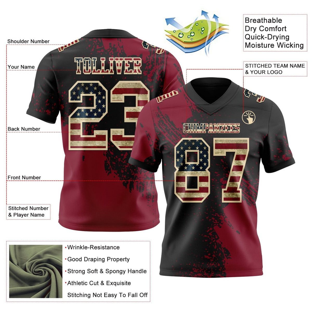 Custom Black Vintage USA Flag Crimson-Cream 3D Pattern Abstract Brush Stroke Authentic Football Jersey photo 2