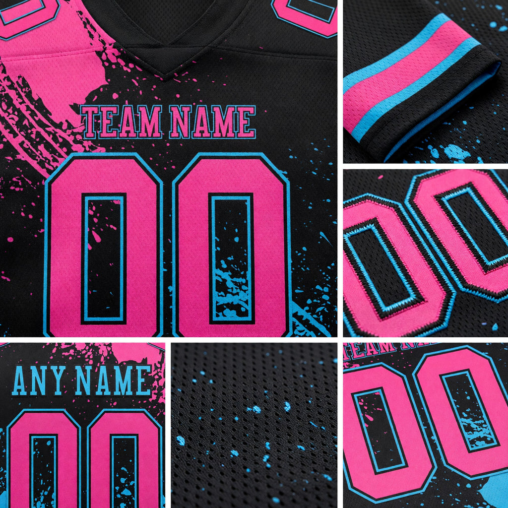 Custom Black Pink-Sky Blue 3D Pattern Abstract Brush Stroke Authentic Football Jersey detail