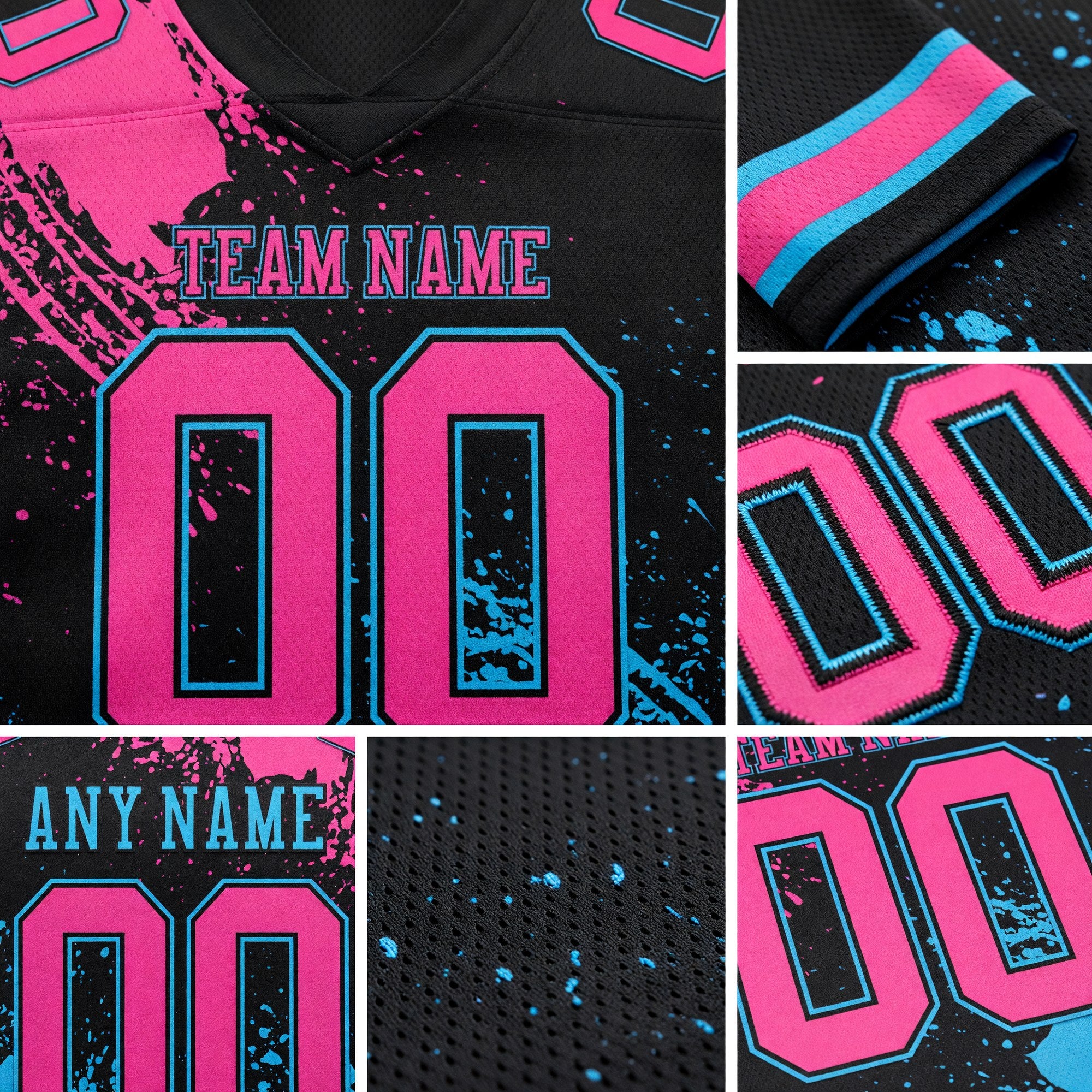 Custom Black Pink-Sky Blue 3D Pattern Abstract Brush Stroke Authentic Football Jersey detail