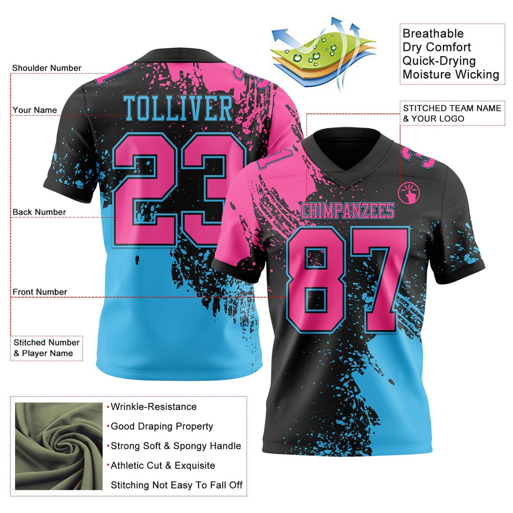 Custom Black Pink-Sky Blue 3D Pattern Abstract Brush Stroke Authentic Football Jersey photo 2