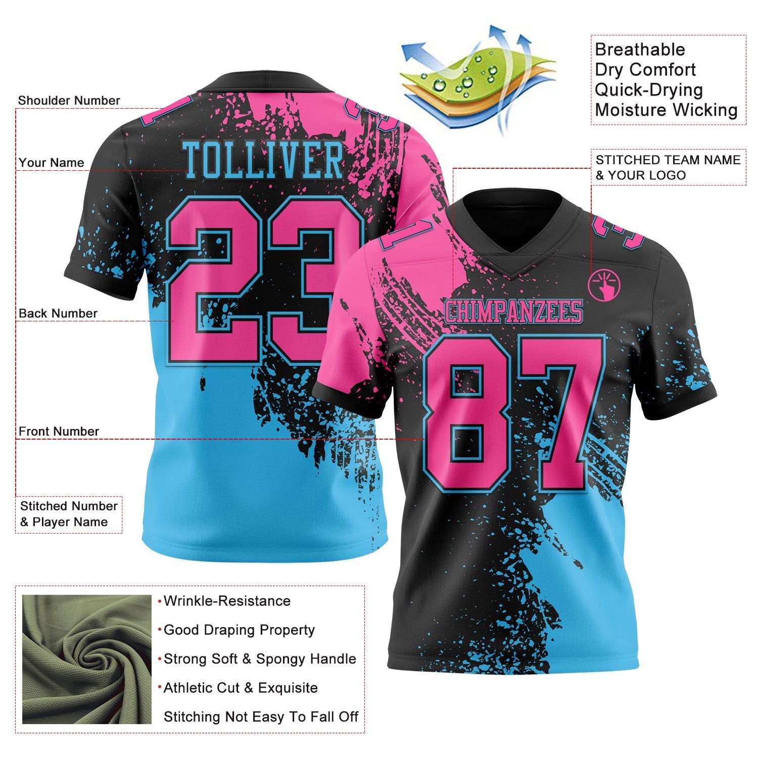 Custom Black Pink-Sky Blue 3D Pattern Abstract Brush Stroke Authentic Football Jersey photo 2