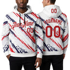 Custom Stitched White Red-Navy 3D Pattern Design American Inspired Graffiti Splash Sportswear Pullover Sweatshirt Hoodie worn front and back