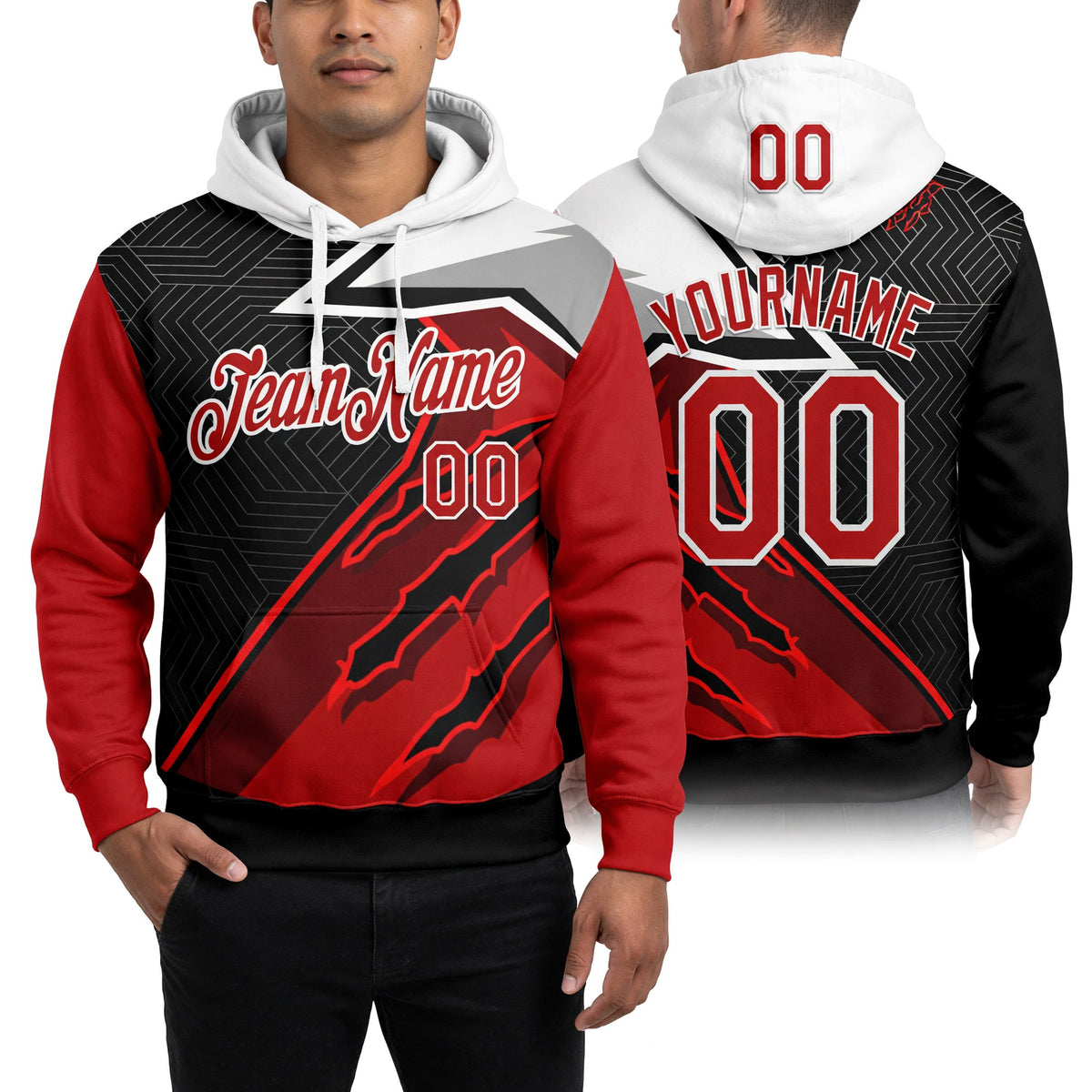 Custom Stitched Red Black-White 3D Pattern Design Canada Germany Inspired Claw Mark Sportswear Pullover Sweatshirt Hoodie worn front and back