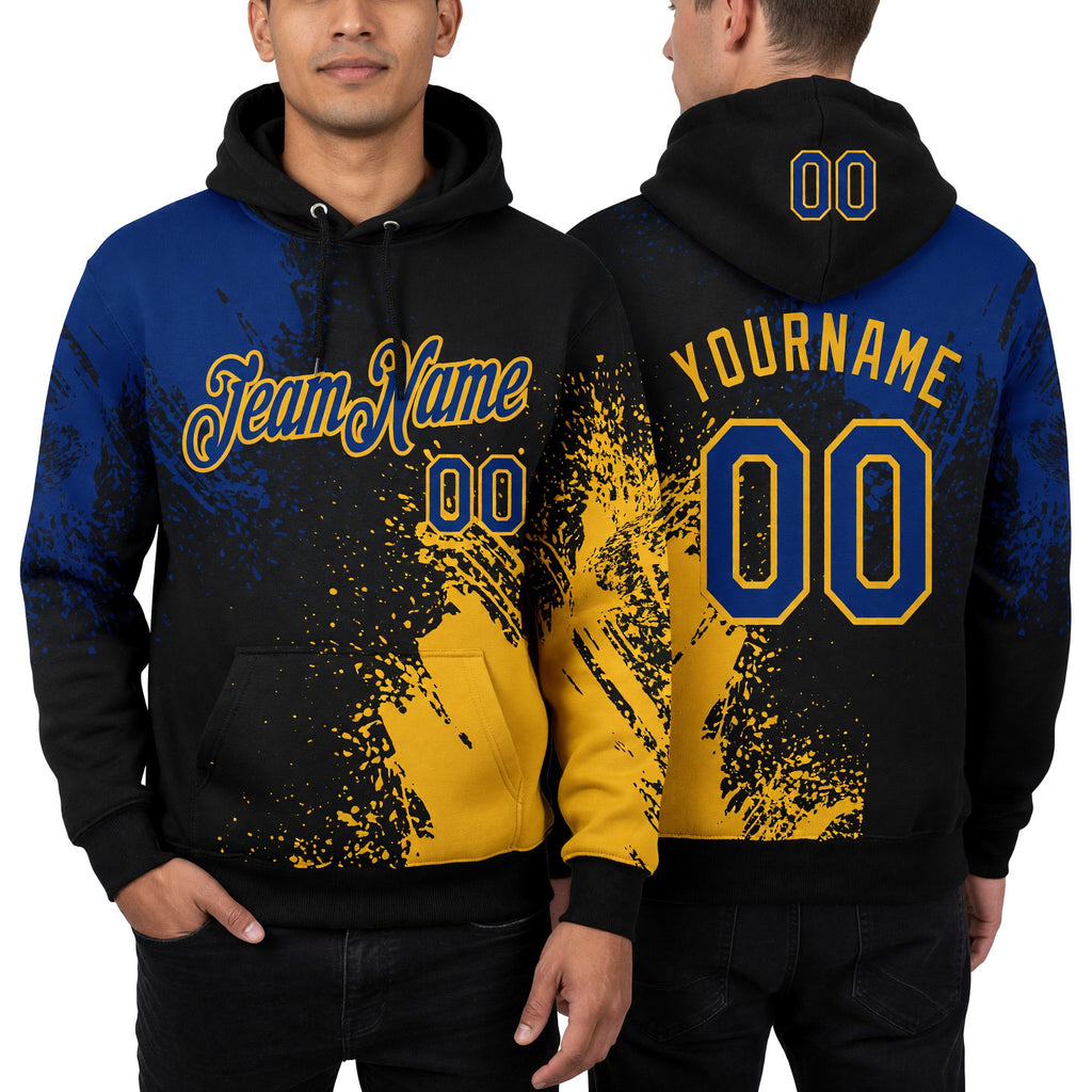 Custom Stitched Black Royal-Gold 3D Pattern Design Abstract Brush Stroke Sports Pullover Sweatshirt Hoodie worn front and back
