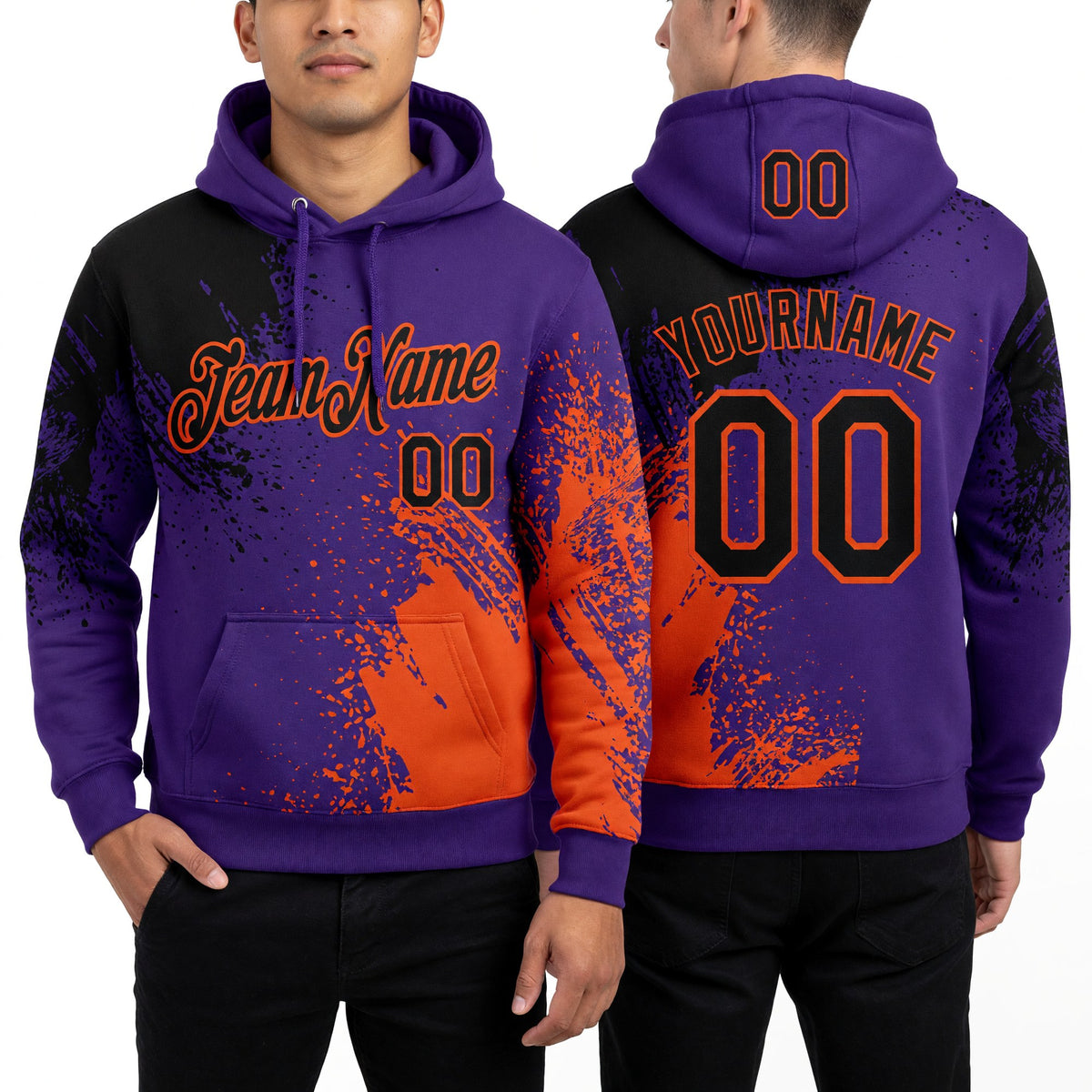Custom Stitched Purple Black-Orange 3D Pattern Design Abstract Brush Stroke Sports Pullover Sweatshirt Hoodie worn front and back