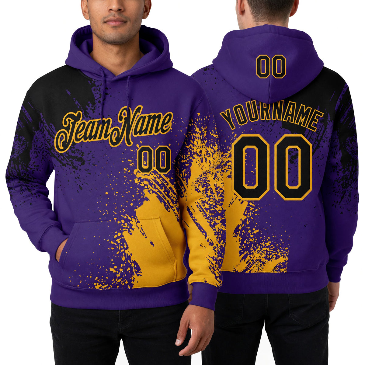 Custom Stitched Purple Black-Gold 3D Pattern Design Abstract Brush Stroke Sports Pullover Sweatshirt Hoodie worn front and back