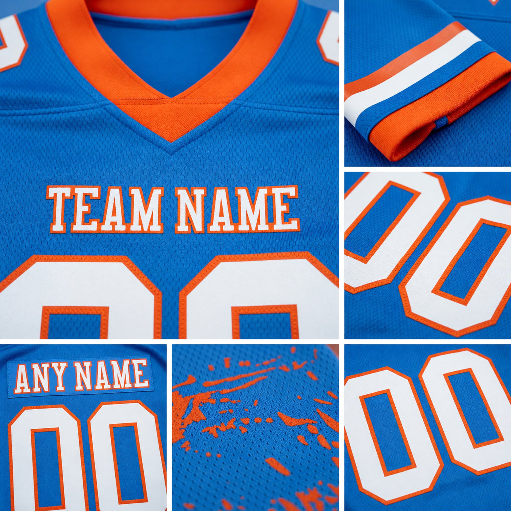 Custom Powder Blue White-Orange 3D Pattern Splash Authentic Football Jersey detail