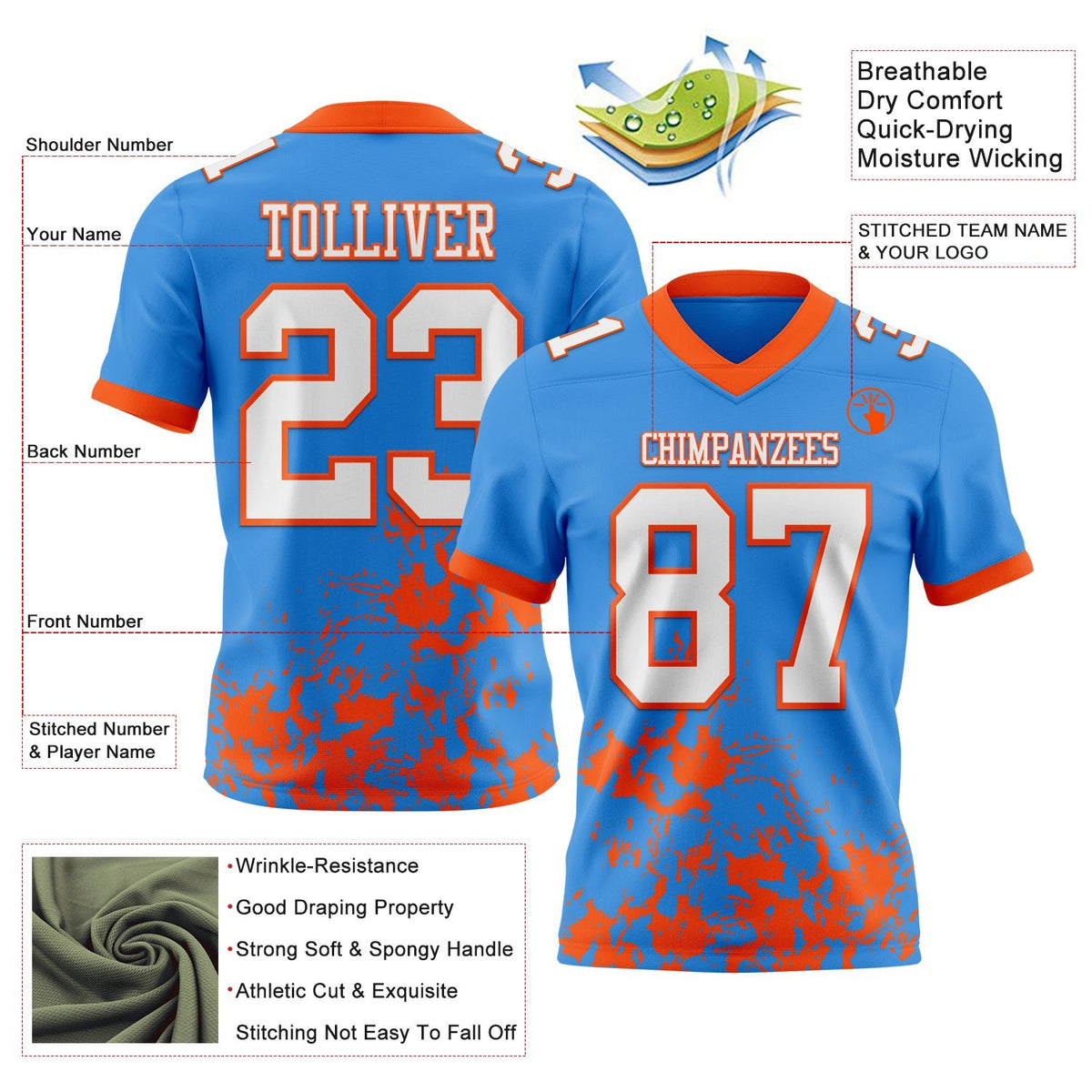 Custom Powder Blue White-Orange 3D Pattern Splash Authentic Football Jersey photo 2