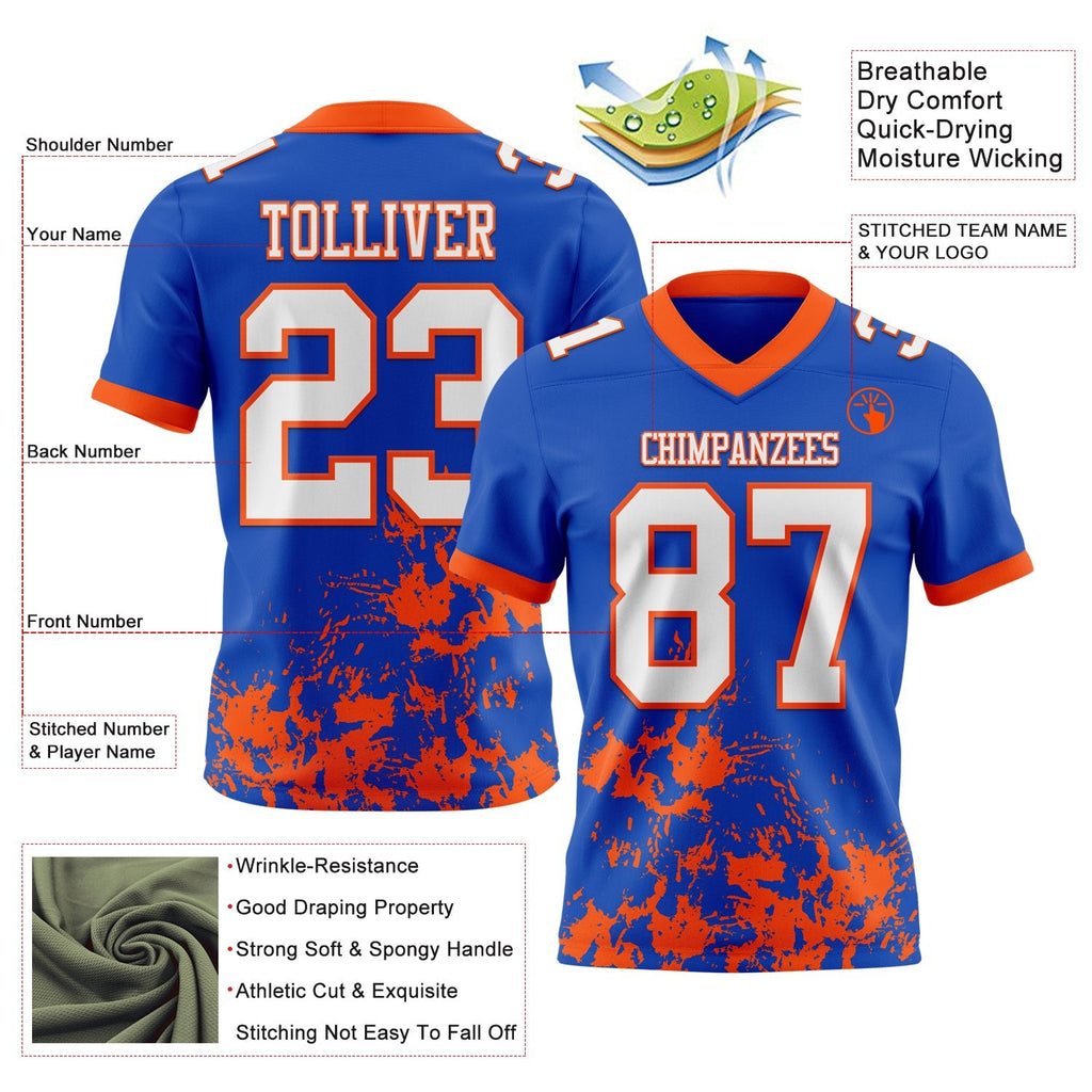 Custom Thunder Blue White-Orange 3D Pattern Splash Authentic Football Jersey photo 2