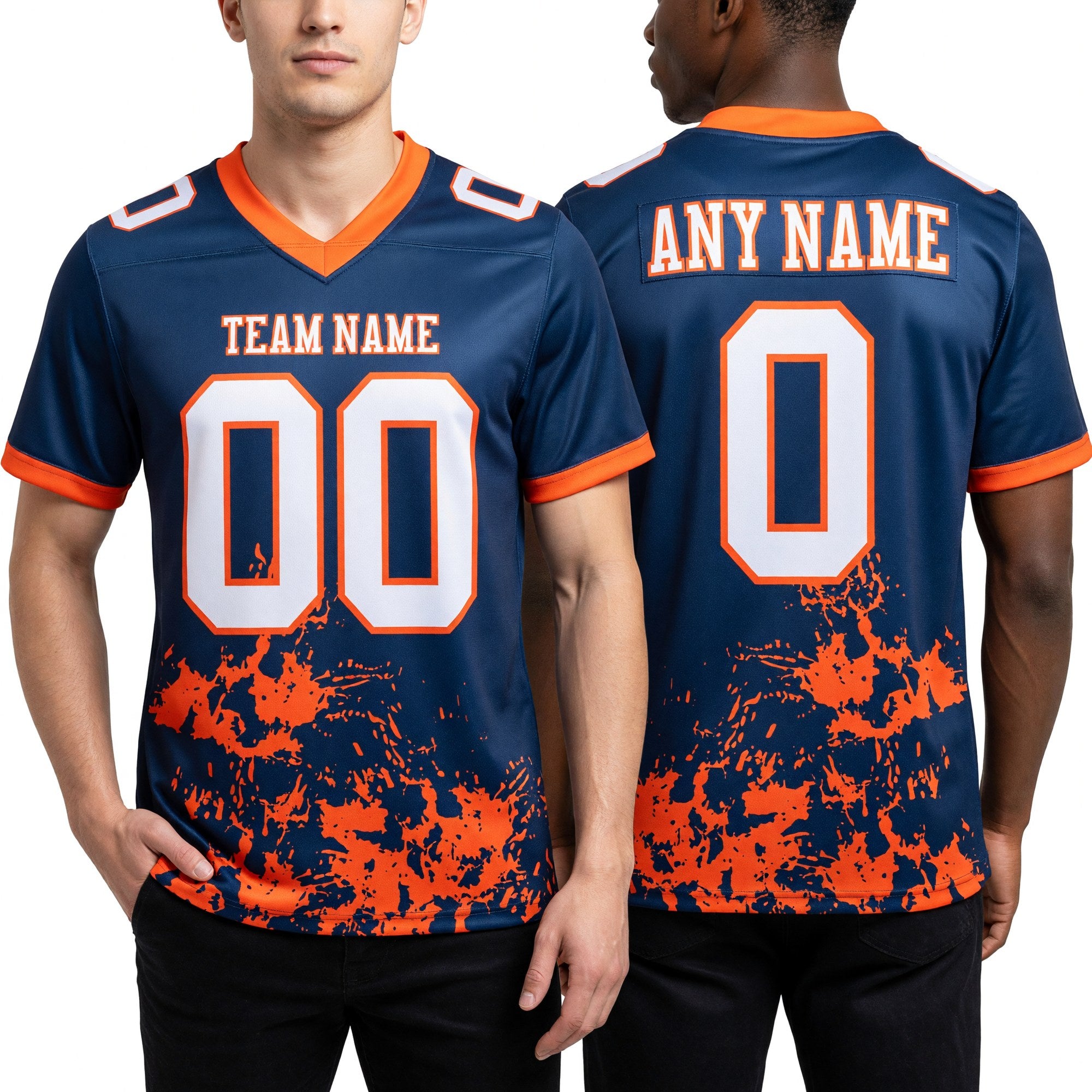 Custom Navy White-Orange 3D Pattern Splash Authentic Football Jersey worn front and back