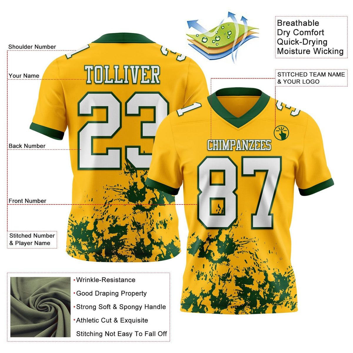 Custom Gold White-Green 3D Pattern Splash Authentic Football Jersey photo 2
