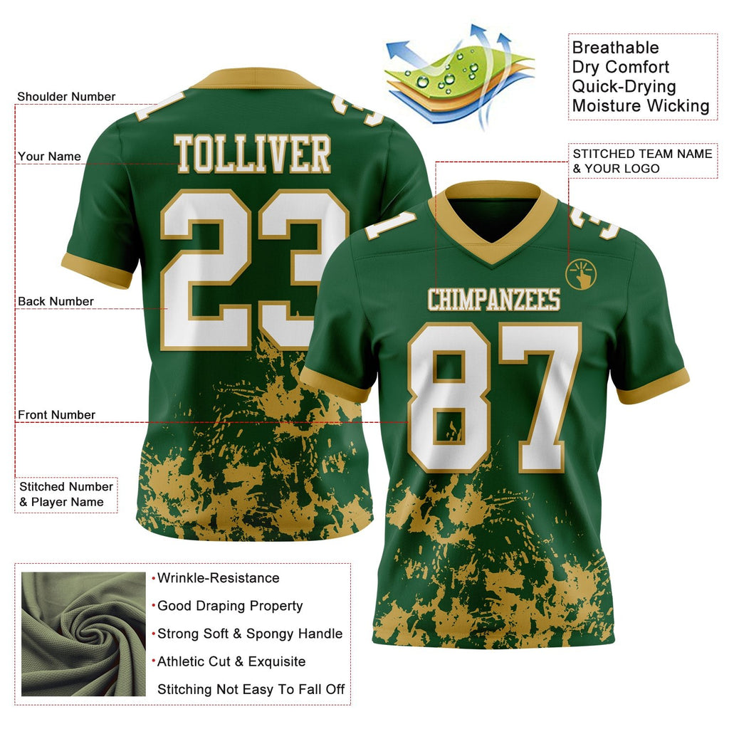 Custom Green White-Old Gold 3D Pattern Splash Authentic Football Jersey photo 2