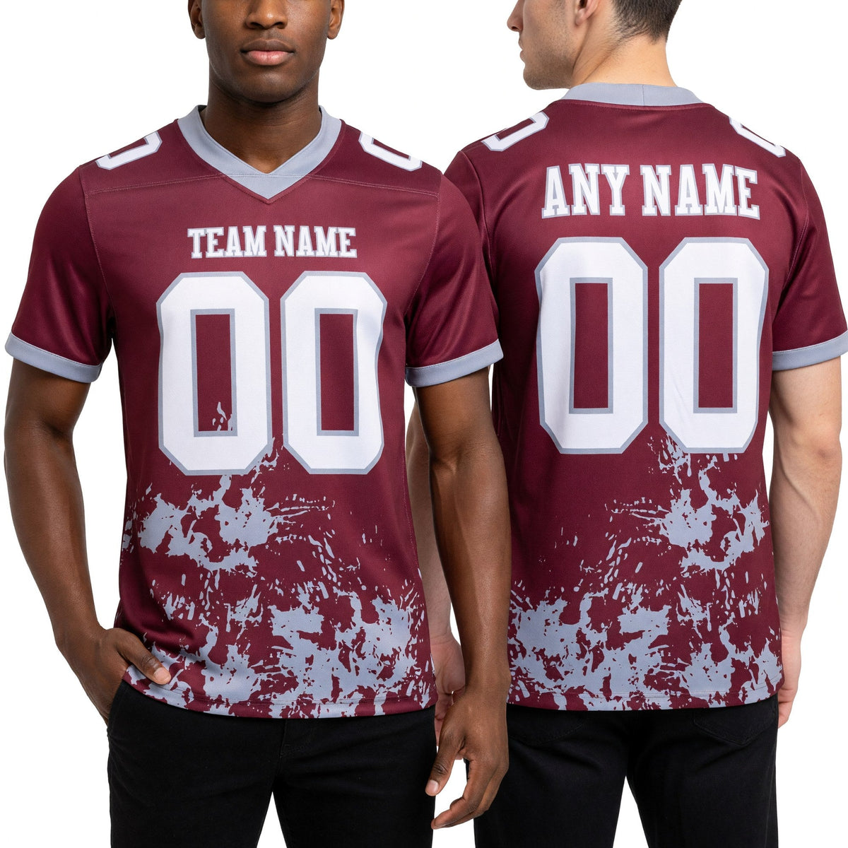 Custom Burgundy White-Gray 3D Pattern Splash Authentic Football Jersey worn front and back