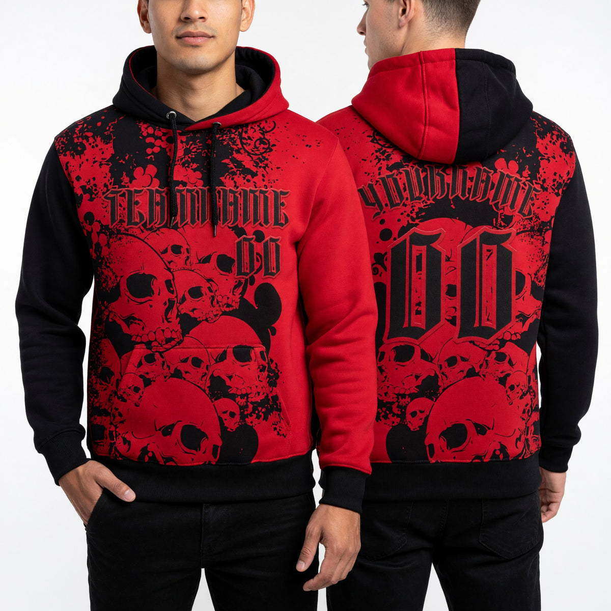 Custom Red Black 3D Skull Gothic Splash Vintage Grunge Art Sports Pullover Sweatshirt Hoodie worn front and back