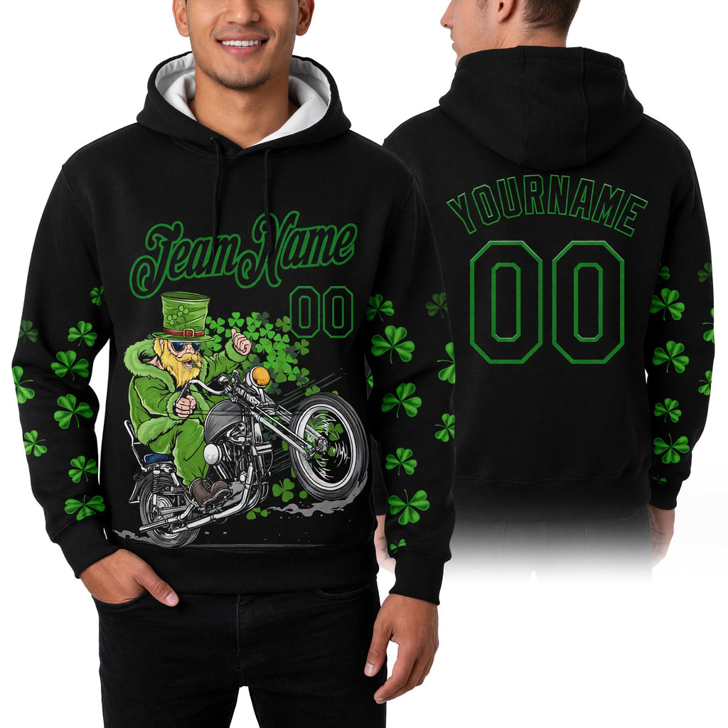 Custom Stitched Black Grass Green 3D Pattern Design St. Patrick's Day Motorcycle Motocross Racing Sports Pullover Sweatshirt Hoodie worn front and back