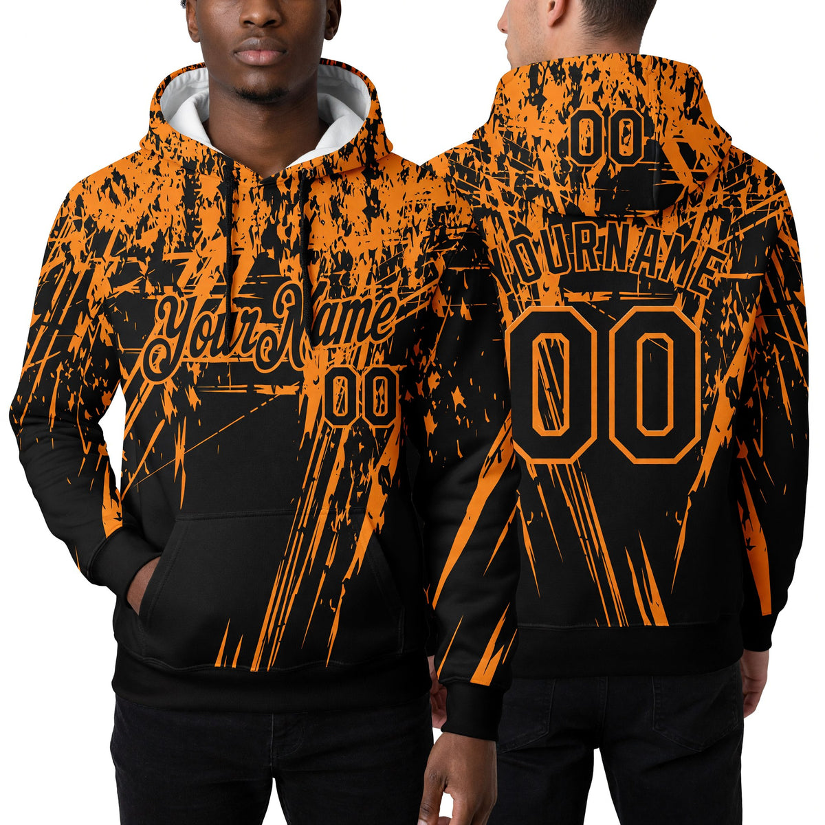 Custom Stitched Black Bay Orange 3D Pattern Design Splash Grunge Art Sports Pullover Sweatshirt Hoodie worn front and back