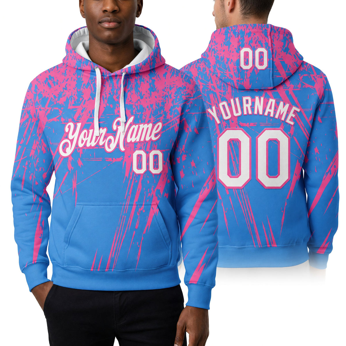 Custom Stitched Powder Blue White-Pink 3D Pattern Design Splash Grunge Art Sports Pullover Sweatshirt Hoodie worn front and back