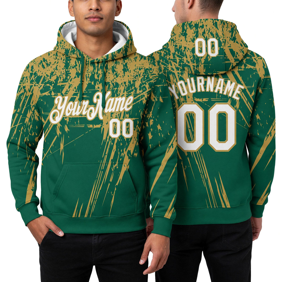 Custom Stitched Kelly Green White-Old Gold 3D Pattern Design Splash Grunge Art Sports Pullover Sweatshirt Hoodie worn front and back