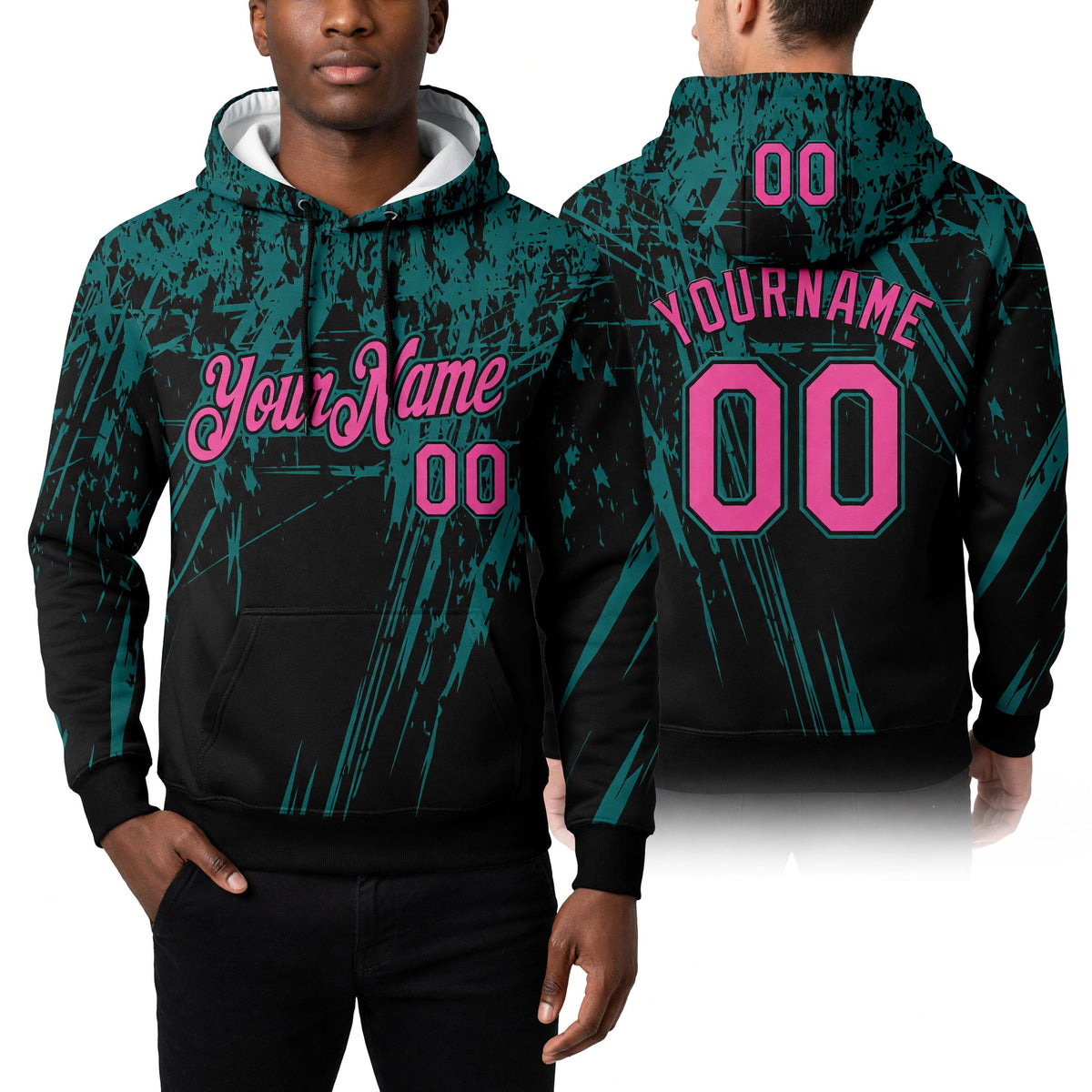 Custom Stitched Black Pink-Teal 3D Pattern Design Splash Grunge Art Sports Pullover Sweatshirt Hoodie worn front and back
